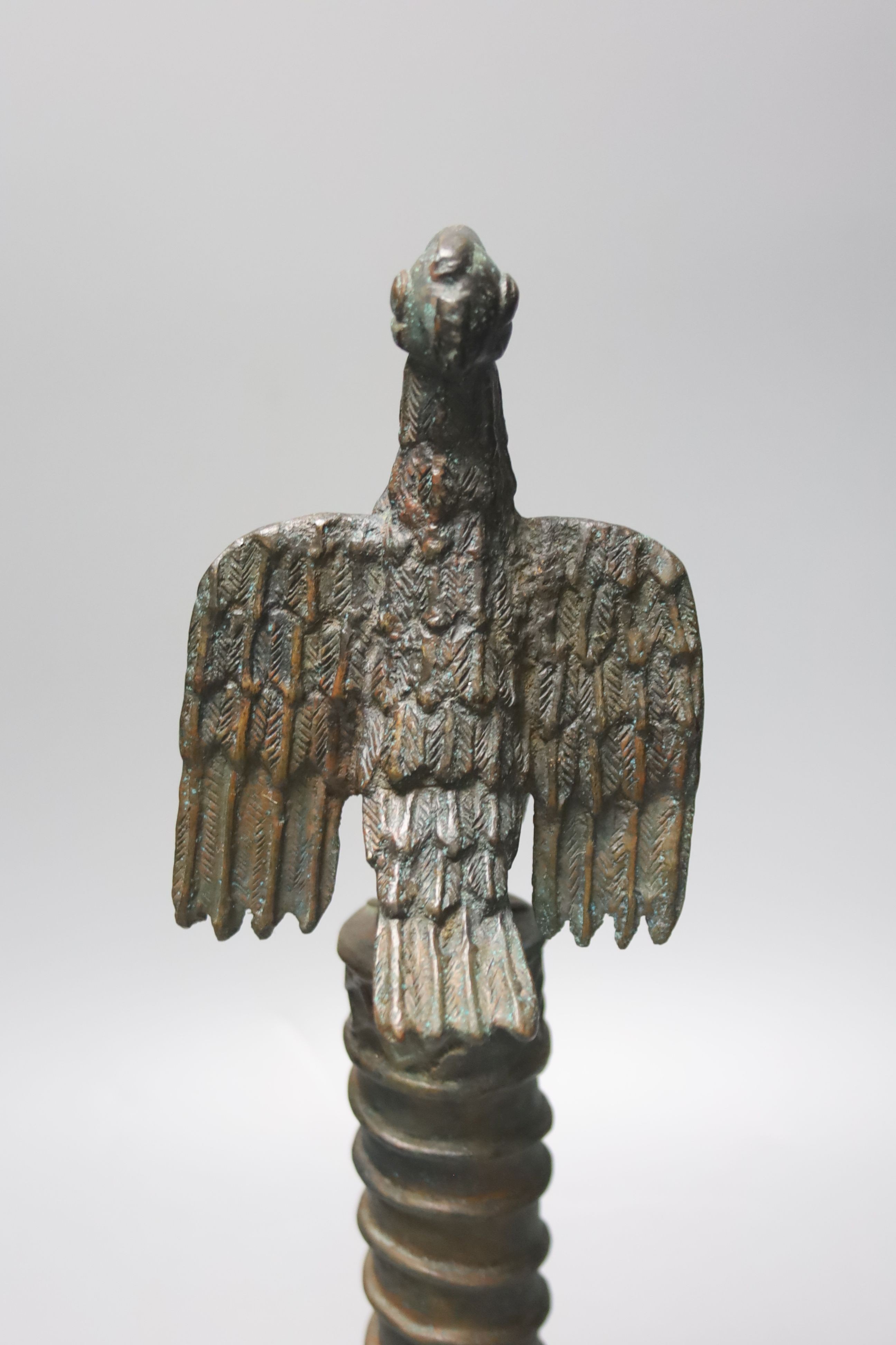 A Benin style bronze Bird of Paradise staff, height 36cm
